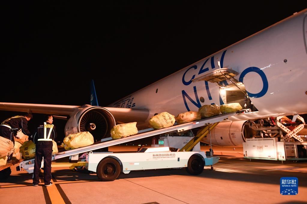 2019年10月30日凌晨，浙江杭州飞往俄罗斯首都莫斯科的首条直达电商货运航线“菜鸟号”从萧山国际机场首航。新华社记者 黄宗治 摄